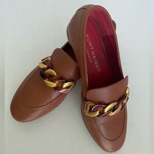New Kurt Geiger London Kiara Camel Leather Gold Chain Loafers Woman’s EU38 US7